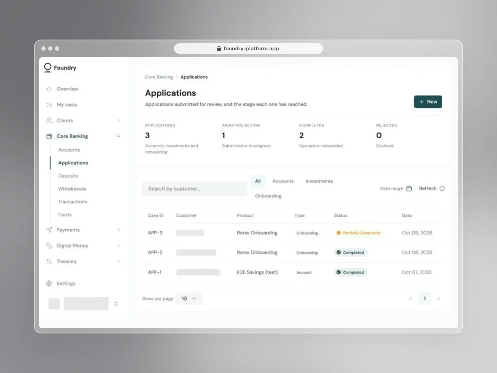 Foundry Finance core banking applications screen in a browser window