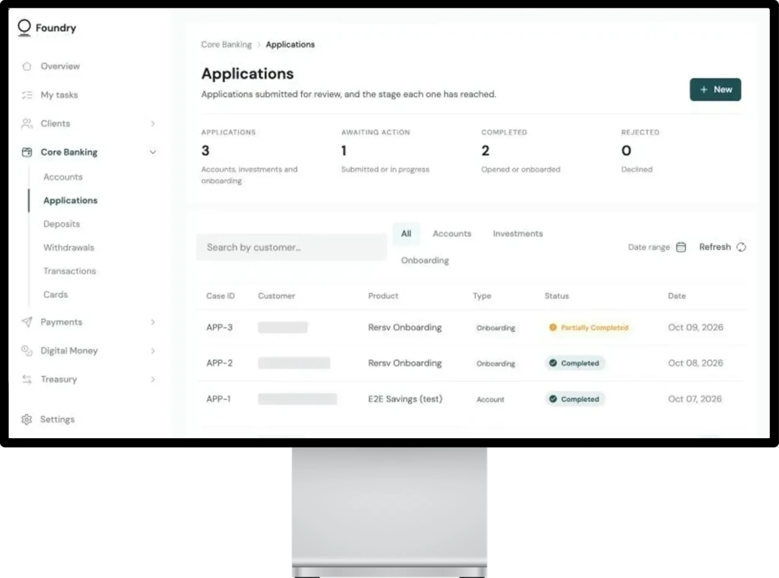 Foundry Finance on a desktop monitor, showing core banking applications with their review status