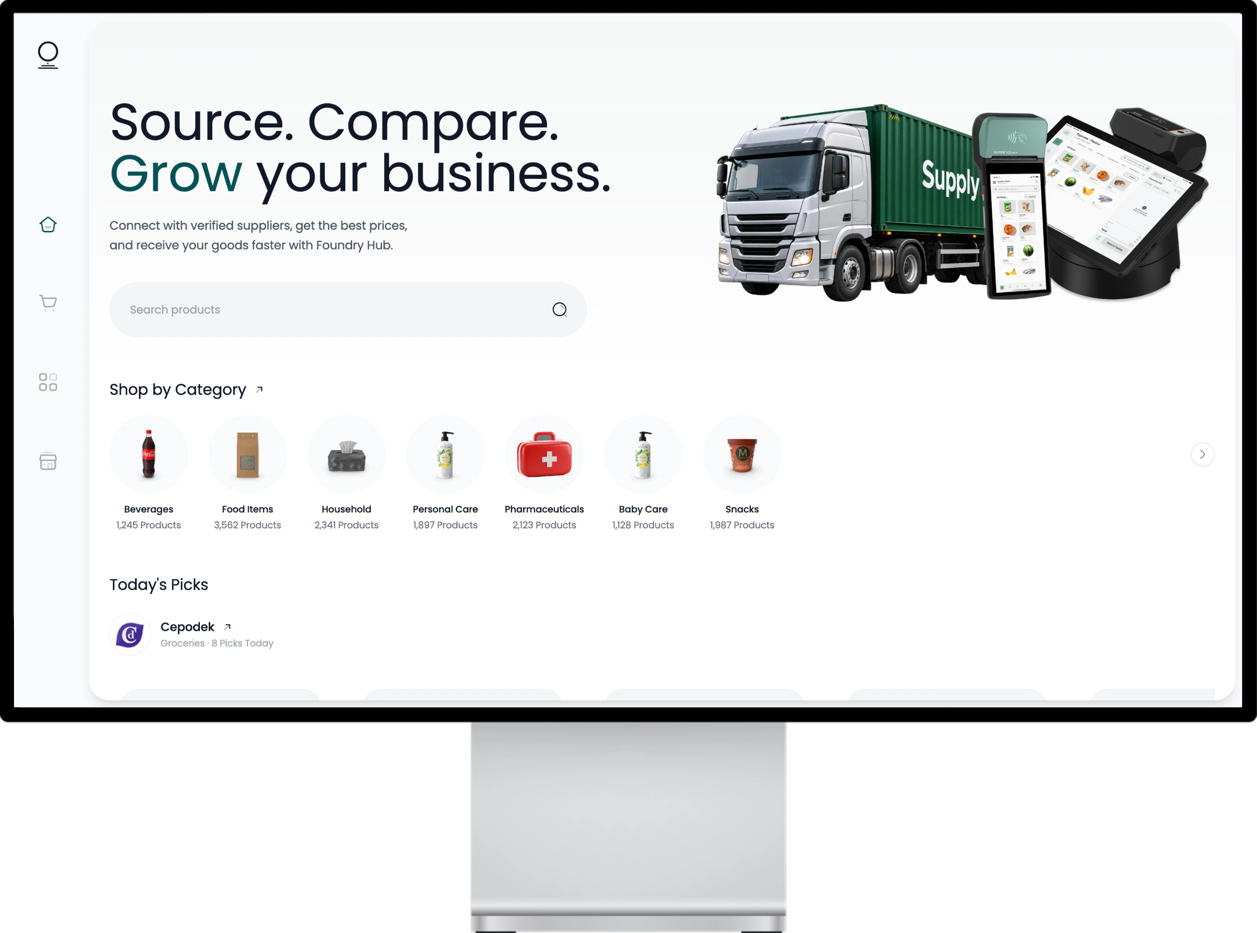 Foundry Hub marketplace on a desktop monitor, showing supplier search, shop-by-category and today's picks
